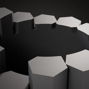 Puede incluir: Una colecci&oacute;n de pilares hexagonales de color gris mate dispuestos en una formaci&oacute;n circular, creando un vac&iacute;o central. Los pilares var&iacute;an en altura, con algunas superficies captando la luz para crear sombras y profundidad.