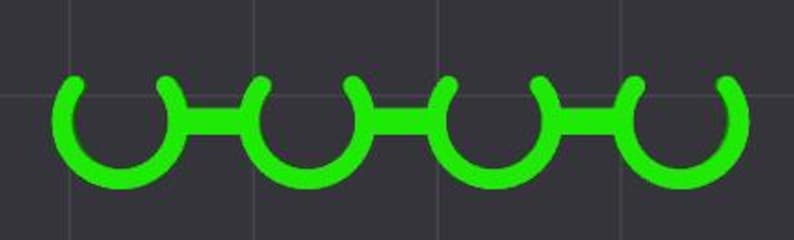 May include: A repeating pattern of four connected, bright green, semi-circular shapes on a dark gray background. The shapes are evenly spaced and connected by straight lines, creating a continuous design.