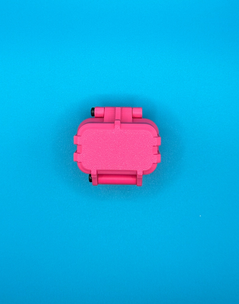 May include: A small, rectangular, hot pink storage case with a textured surface and a hinged lid. The case features two black circular hinge pins on the side, providing a secure closure mechanism for the compact, solid-colored plastic container.