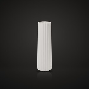 Puede incluir: Un jarrón cilíndrico alto de color blanco que presenta una textura acanalada vertical en toda su superficie exterior. El jarrón tiene una forma recta y consistente con una abertura circular en la parte superior y una base plana de color blanco.