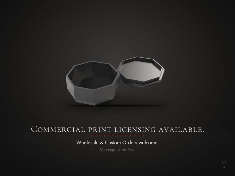 May include: A matte black octagonal container with a separate lid, displayed against a dark background. The text reads: COMMERCIAL PRINT LICENSING AVAILABLE. Wholesale & Custom Orders welcome. Message us on Etsy.