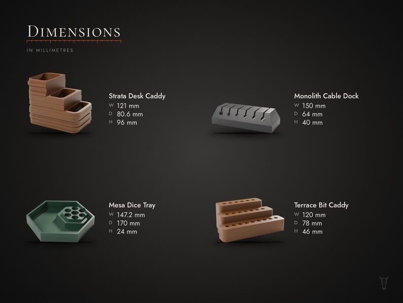 May include: A product dimension chart featuring four items: a brown Strata Desk Caddy (121x80.6x96 mm), a gray Monolith Cable Dock (150x64x40 mm), a green hexagonal Mesa Dice Tray (147.2x170x24 mm), and a brown Terrace Bit Caddy (120x78x46 mm).