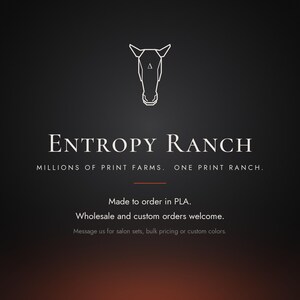 May include: A black graphic featuring a white geometric horse head outline above the text ENTROPY RANCH. Below this, the text reads MILLIONS OF PRINT FARMS. ONE PRINT RANCH. MADE TO ORDER IN PLA. WHOLESALE AND CUSTOM ORDERS WELCOME.