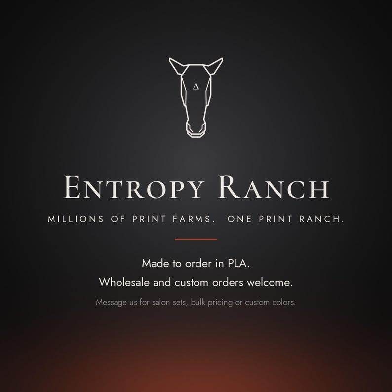 May include: A black graphic featuring a white geometric horse head outline above the text ENTROPY RANCH. Below this, the text reads MILLIONS OF PRINT FARMS. ONE PRINT RANCH. MADE TO ORDER IN PLA. WHOLESALE AND CUSTOM ORDERS WELCOME.