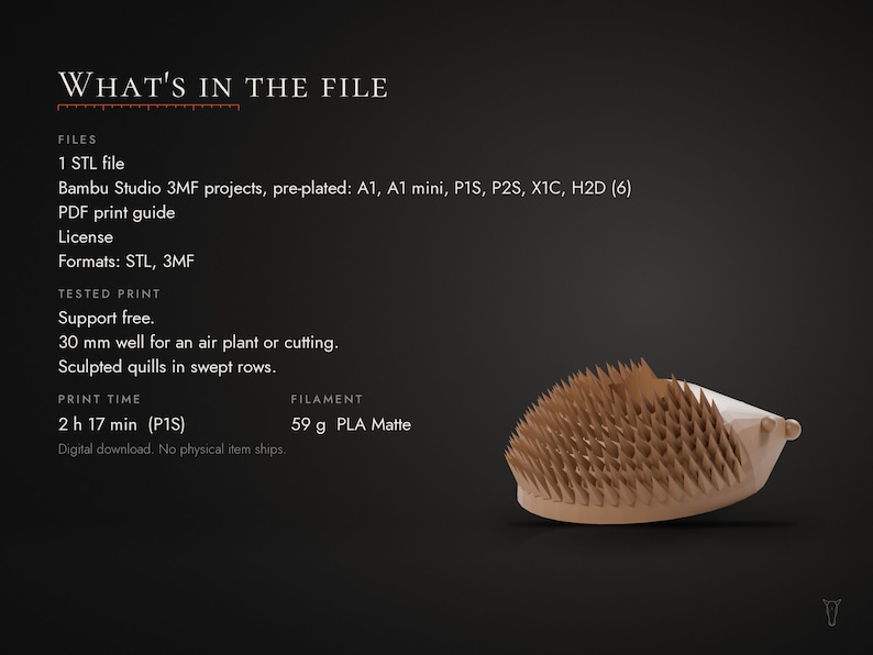 Puede incluir: Un archivo imprimible en 3D para una maceta con forma de erizo con p&uacute;as esculpidas en filas y un hueco de 30 mm para una planta a&eacute;rea. El texto dice: WHAT'S IN THE FILE, 1 STL file, Bambu Studio 3MF projects, PDF print guide, License, Formats: STL, 3MF, Tested print, Support free, 30 mm well for an air plant or cutting, Sculpted quills in swept rows, Print time 2 h 17 min (P1S), Filament 59 g PLA Matte.