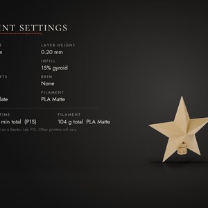 May include: A beige five-pointed star ornament with a small cylindrical base. The image displays print settings including a 0.4 mm nozzle, 0.20 mm layer height, 3 walls, 15% gyroid infill, no supports, no brim, Cool Plate, and PLA Matte filament.