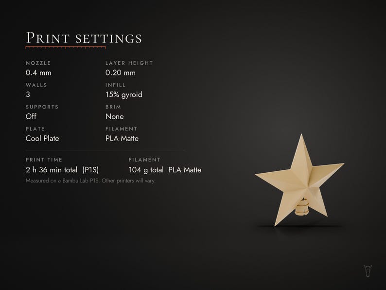 May include: A beige five-pointed star ornament with a small cylindrical base. The image displays print settings including a 0.4 mm nozzle, 0.20 mm layer height, 3 walls, 15% gyroid infill, no supports, no brim, Cool Plate, and PLA Matte filament.