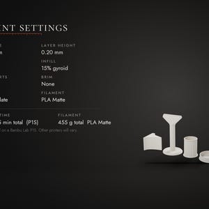 May include: A 3D printed white object set with a corner piece, a tall stand, a cylindrical container, and a circular base. The text PRINT SETTINGS lists technical specifications including 0.4 mm nozzle, 0.20 mm layer height, 15% gyroid infill, and 455 g total filament usage.