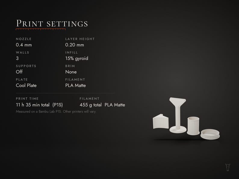May include: A 3D printed white object set with a corner piece, a tall stand, a cylindrical container, and a circular base. The text PRINT SETTINGS lists technical specifications including 0.4 mm nozzle, 0.20 mm layer height, 15% gyroid infill, and 455 g total filament usage.