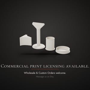 May include: A set of four white, fluted architectural-style objects including a curved segment, a tall pedestal with a flat top, a cylindrical container, and a shallow circular dish. Text reads: COMMERCIAL PRINT LICENSING AVAILABLE. Wholesale & Custom Orders welcome. Message us on Etsy.