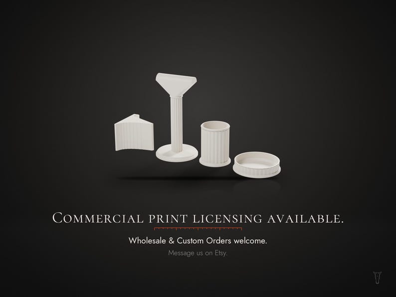May include: A set of four white, fluted architectural-style objects including a curved segment, a tall pedestal with a flat top, a cylindrical container, and a shallow circular dish. Text reads: COMMERCIAL PRINT LICENSING AVAILABLE. Wholesale & Custom Orders welcome. Message us on Etsy.