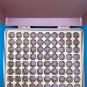 May include: A pink plastic storage case with a removable lid, revealing a beige foam insert with 100 round compartments.