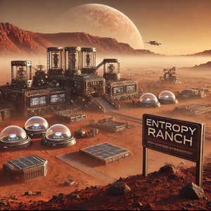 May include: A futuristic, industrial-style building with glass panels and metal structures, labeled "Entropy Ranch", on a red, rocky, Martian-like landscape. The building is surrounded by various structures, including domes and solar panels.