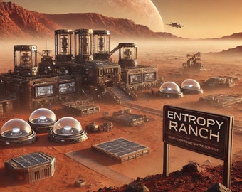 Op de afbeelding: Een futuristisch, industrieel gebouw met glazen panelen en metalen constructies, met de naam "Entropy Ranch", op een rood, rotsachtig, Mars-achtig landschap. Het gebouw wordt omringd door verschillende structuren, waaronder koepels en zonnepanelen.