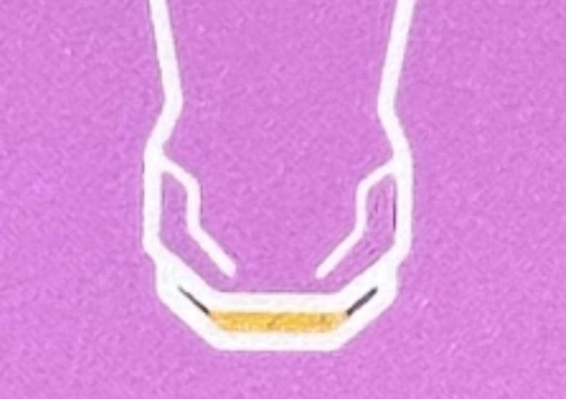 May include: A white outline of a horse's head with a gold stripe across the bottom of the head.
