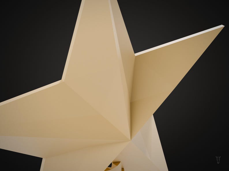 May include: A three-dimensional geometric star sculpture with sharp, angular facets and a smooth, light beige matte finish. The object features multiple pointed rays extending from a central core, creating a complex, multi-faceted structure.