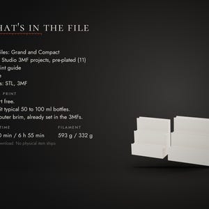 K&ouml;nnte beinhalten: Ein digitaler Download mit dem Titel WHAT'S IN THE FILE, der 2 STL-Dateien f&uuml;r abgestufte Grand- und Compact-Pr&auml;sentationsst&auml;nder enth&auml;lt. Beinhaltet Bambu Studio 3MF-Projekte, PDF-Druckanleitung und Lizenz. Getestete Drucke sind st&uuml;tzstrukturfrei.