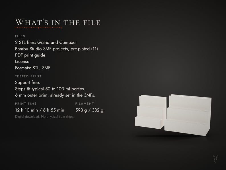 K&ouml;nnte beinhalten: Ein digitaler Download mit dem Titel WHAT'S IN THE FILE, der 2 STL-Dateien f&uuml;r abgestufte Grand- und Compact-Pr&auml;sentationsst&auml;nder enth&auml;lt. Beinhaltet Bambu Studio 3MF-Projekte, PDF-Druckanleitung und Lizenz. Getestete Drucke sind st&uuml;tzstrukturfrei.