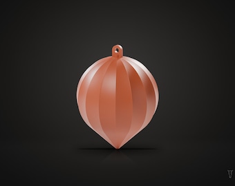 May include: A copper-coloured, spherical ornament with a vertically ribbed, faceted surface and a small loop at the top for hanging. The object has a pointed base and a smooth, matte finish, presenting a symmetrical, geometric design.