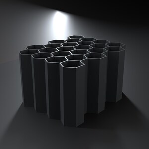 May include: A matte black organizer featuring a cluster of interconnected hexagonal tubes. The structure is composed of multiple vertical honeycomb-shaped compartments of uniform height, creating a geometric grid pattern for storage.