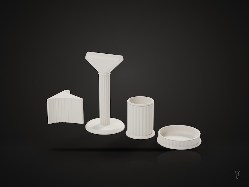 May include: A set of four off-white objects featuring a fluted texture. The collection includes a curved corner piece, a tall pedestal stand with a flat top, a cylindrical container, and a shallow circular tray, all displayed on a dark background.
