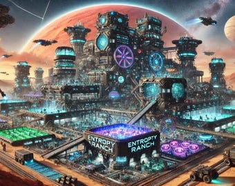 May include: A futuristic cityscape with a large, complex structure in the center. The structure is made of metal and glass and has a variety of pipes, wires, and other industrial elements. The city is located on a red planet with a blue sky and a large, red sun in the background. The text "Entropy Ranch" is visible on the structure.