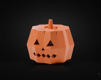 May include: A bright orange pumpkin decoration featuring a geometric, low-poly design. The pumpkin has a faceted surface with triangular eyes, a small triangular nose, and a wide mouth with diamond-shaped teeth cutouts.