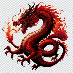 May include: A red Chinese dragon with a fierce expression, flames coming from its mouth, and a curled tail. The dragon is depicted in a traditional style with intricate details.