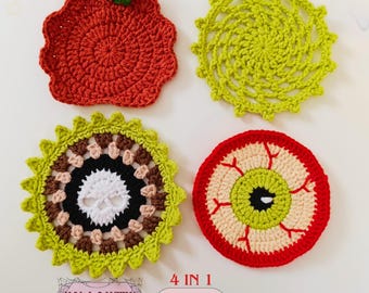 4 -in-1 Halloween Crochet Coaster Pattern Bundle : Pumpkin, Skull, Spiderweb, Eyeball , English PDF