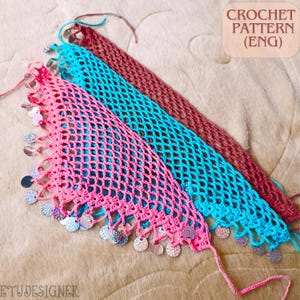 May include: Three crocheted headbands in pink, turquoise, and burgundy, each with a net-like pattern. The pink headband has silver sequins along the edge. The image also includes the text "CROCHET PATTERN (ENG)".