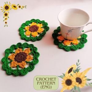 May include: Crochet pattern for sunflower coasters. The pattern is written in English. The coasters are green, yellow, and brown.