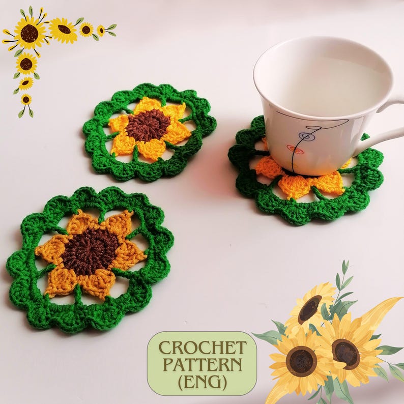 May include: Crochet pattern for sunflower coasters. The pattern is written in English. The coasters are green, yellow, and brown.