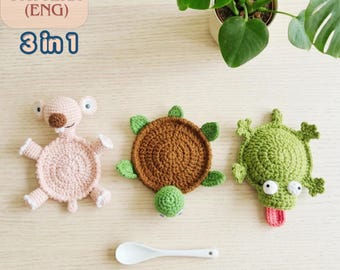 Funny Animal Coaster Crochet Pattern Bundle: Lizard, Turtle, Squirrel (English PDF)