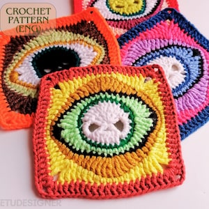 Schema quadrato all'uncinetto per la nonna con occhio malvagio, schema all'uncinetto per la nonna con teschio e occhio malvagio, nonna con teschio, nonna con fiore all'uncinetto doppio, regalo fatto a mano, PDF in inglese