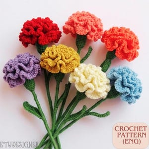 Puede incluir: Un ramo de flores de ganchillo hechas a mano en varios colores, incluyendo rojo, naranja, amarillo, morado, blanco y azul. Cada flor tiene un tallo y hojas verdes. La imagen incluye el texto "CROCHET PATTERN (ENG)".