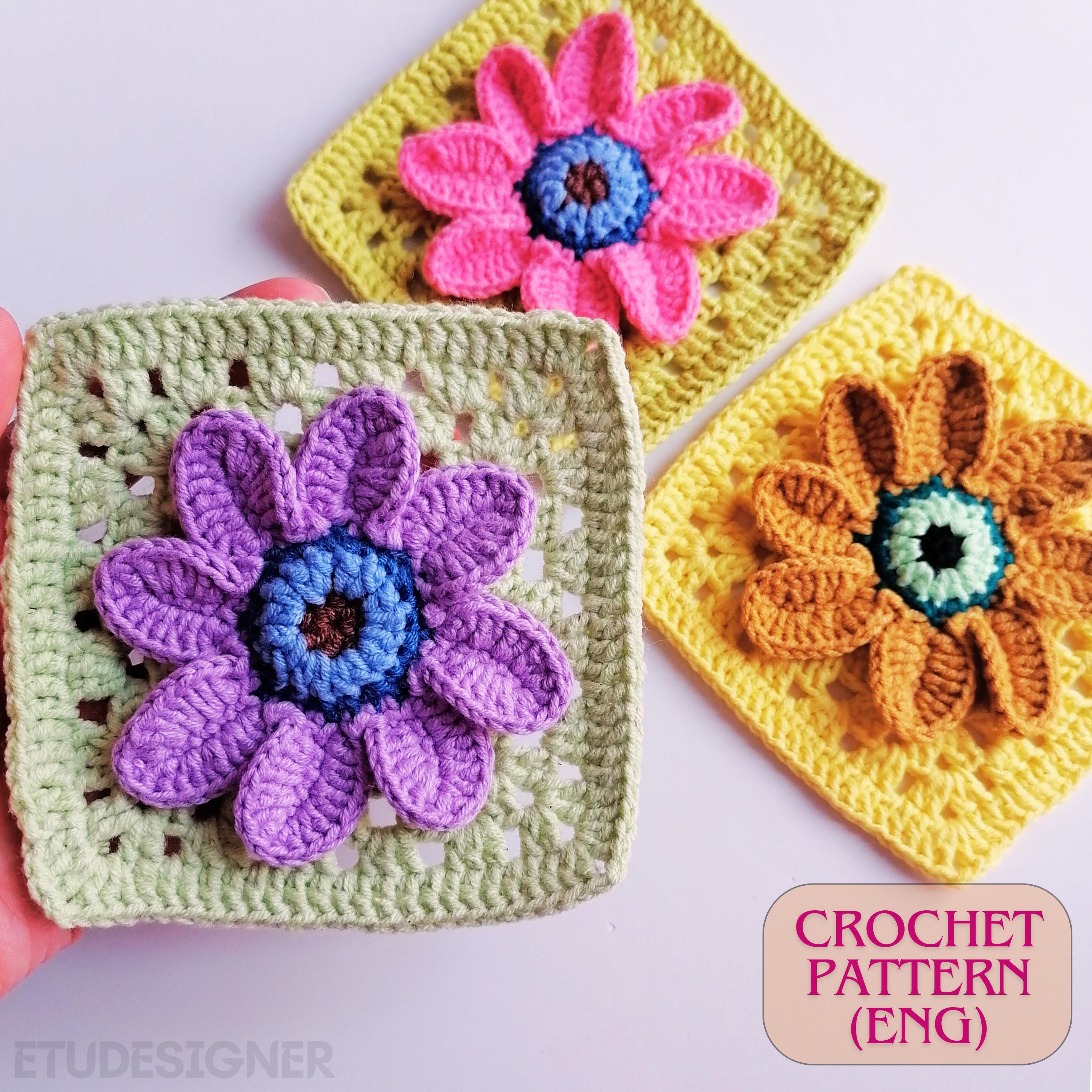 19 Evil Eye Crochet Patterns: Coasters, Squares and Home Decor 11 3D Evil Eye Flower Granny Square Crochet Pattern (English