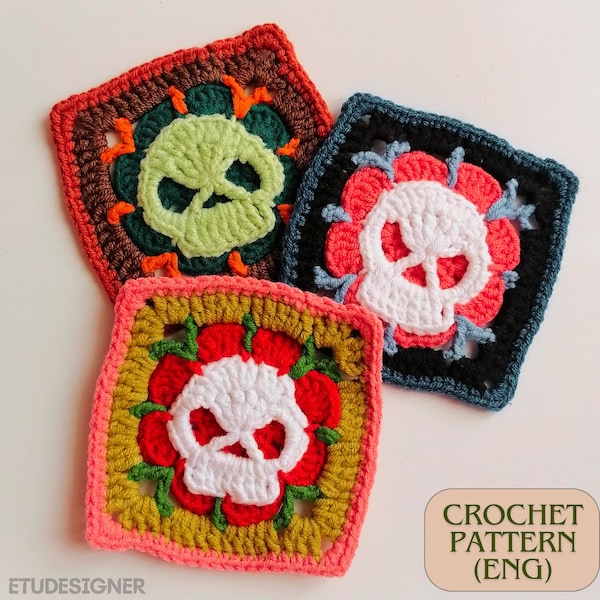 Patrón de ganchillo cuadrado de calavera y flor para abuela (PDF en inglés)