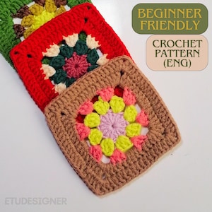 May include: A close-up of four crocheted squares in different colors, including green, red, brown, and yellow. The squares have a flower design in the center. The text "BEGINNER FRIENDLY CROCHET PATTERN (ENG)" is visible in the upper right corner of the image.