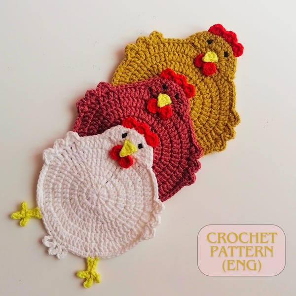 Patrón de posavasos de gallina a crochet: Salvamanteles estilo granja, Regalos hechos a mano más vendidos (PDF en inglés)
