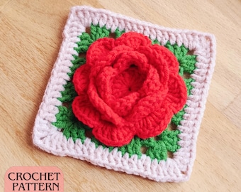 Crochet Rose Granny Square Pattern, Floral Motif PDF Tutorial