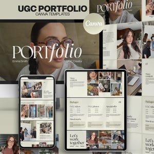 May include: A digital UGC portfolio template with a light beige background. The word "PORTFOLIO" is displayed in large, bold text. A smartphone and tablet display portfolio content. The text "UGC PORTFOLIO CANVA TEMPLATES" is also visible.