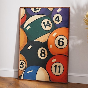 May include: A framed print showing a close-up of various coloured billiard balls. The balls are numbered 4, 5, 6, 8, 11, and 14, with colours including green, orange, blue, and purple. The artwork has a vintage, illustrative style.