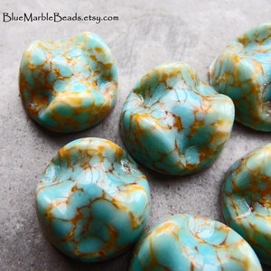 4 Vintage Japanese Cherry Brand Pinched Turquoise Matrix Round Glass Cabochons, 15mm, Flat Back, Rare Glass Cabochon, Boho Glass Cab