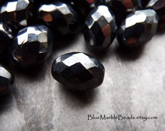12 Vintage Large Oval Faceted Beads, Hematite Glass Beads, Gunmetal Beads, Faceted Beads, Large Glass Beads, Czech Glass Beads, 13mm, Boho