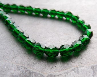 50 Fire Polished Faceted Czech Glass Beads, Emerald Green, 6mm, Faceted Glass Beads, Full Strand, Filler Beads, Accent Beads, Green Beads