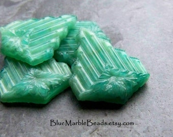 2 Art Deco Green Marble Etched Czech Glass Cabochons, Floral Fan Shape