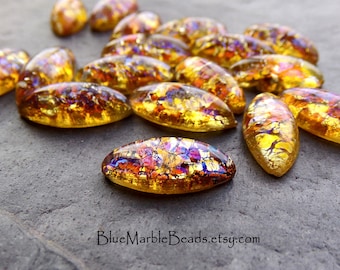 6 Topaz Dragons Breath Glass Navette Cabochons, Vintage Czech Glass (15x7mm)