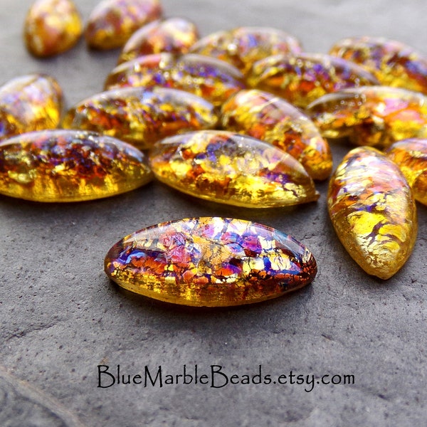 6 Topaz Fire Opal Smooth Dome Glass Navette Cabochons, Dragons Breath, 15 x 7, Flat Back, Czech Glass Cabochon, Vintage Glass Cabochons