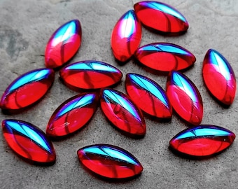 6 Siam Ruby Titania Domed Glass Navettes, 15 x 7, Czech Glass Navettes, Vintage Cabochons, Vintage Glass Navettes, Boho Jewelry Supplies