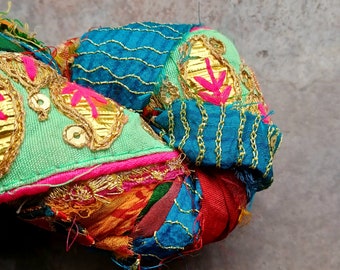 5 Yards Printed Embellished Silk Sari Ribbon, Recycled Sari Ribbon, Silk Sari Ribbon, Silk Ribbon, India, Jacquard, Patterned, Tassel Ribbon